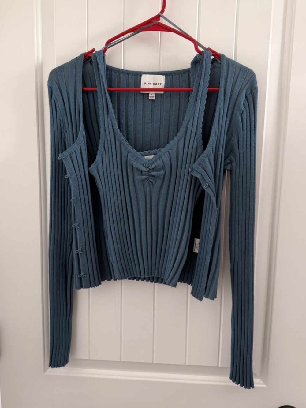 Pink Rose Slate Blue Ribbed Tank with Matching Cardigan
